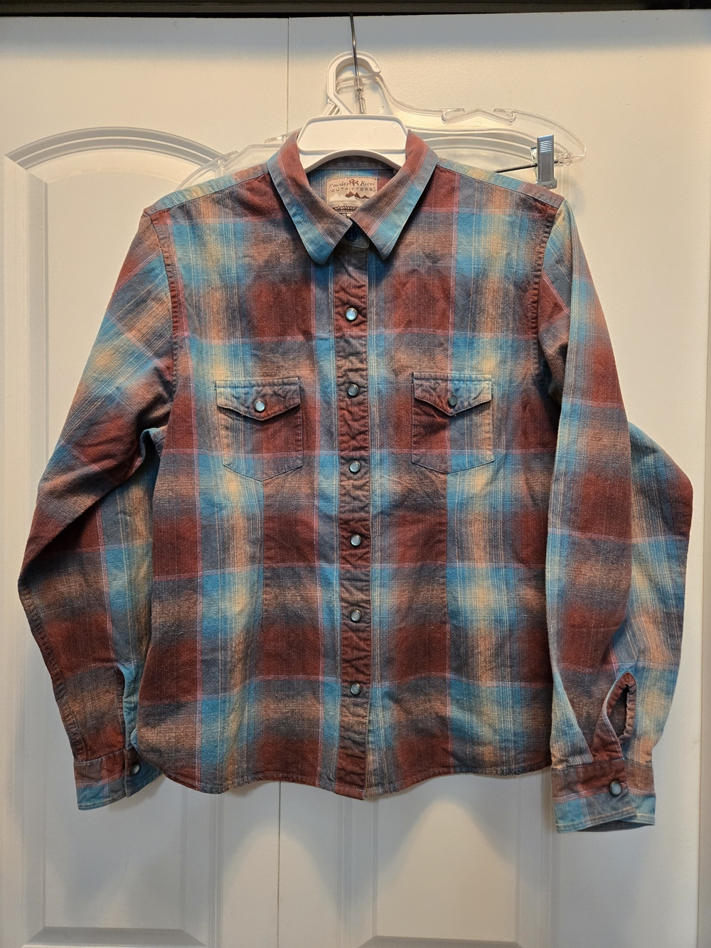 Vintage-Style Powder River Outfitters Plaid Snap front Shirt in Rust & Teal Sm